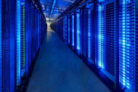 Rows of servers lit up